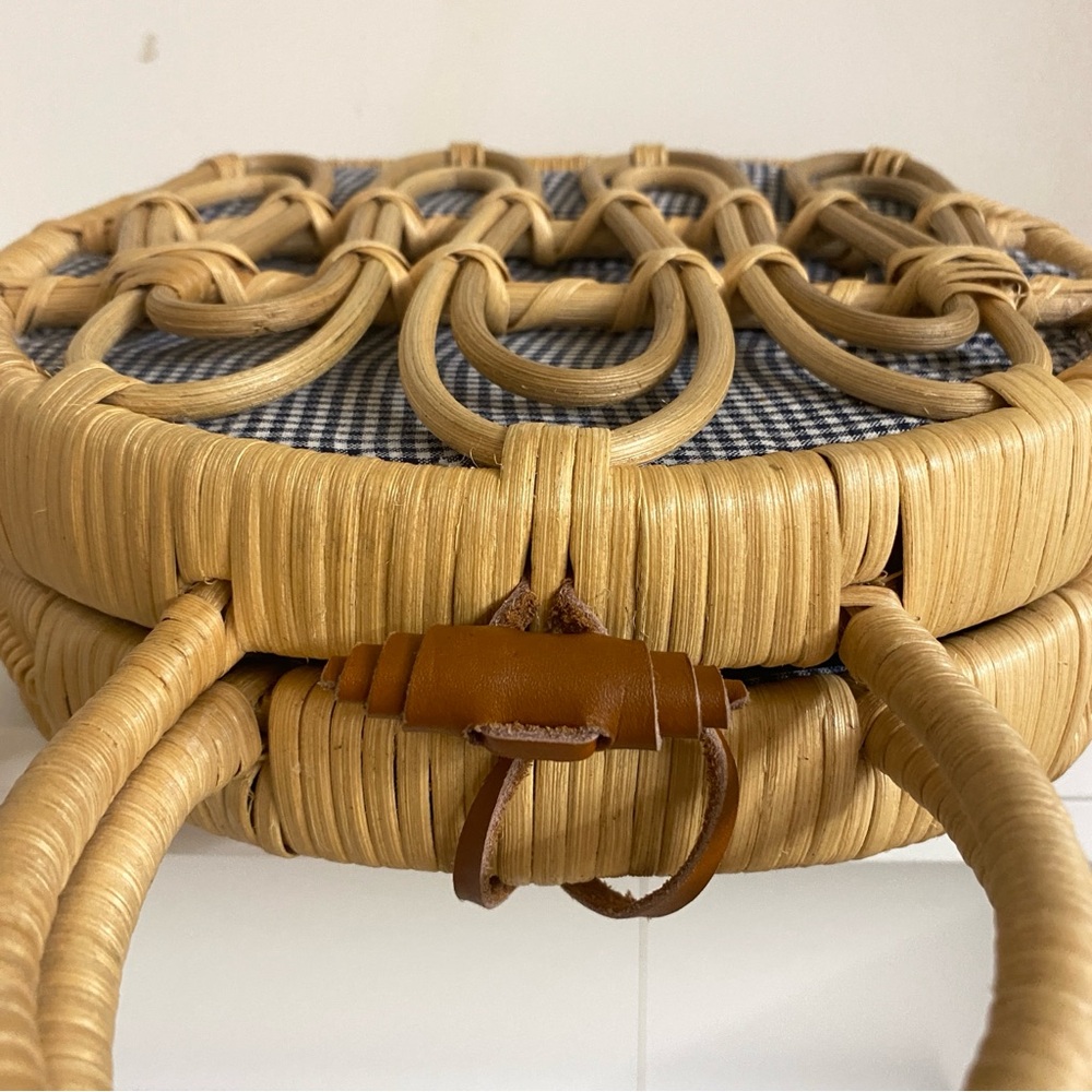 Anthropologie | NWOT Mini Rattan Suitcase Satchel Purse Basket Bag Blue Gingham - Picture 7 of 10